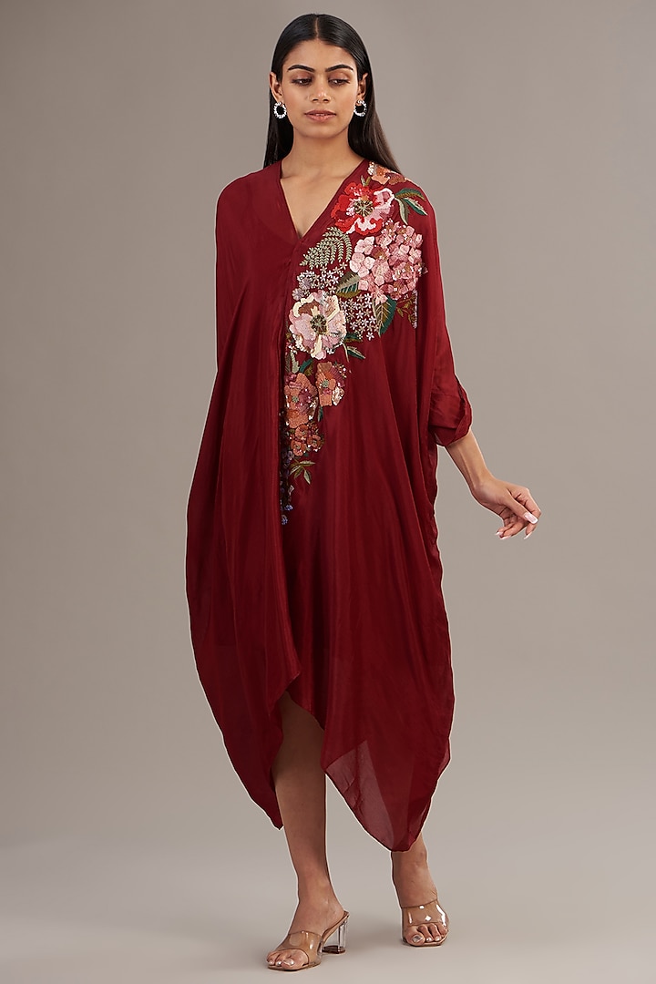 Red Crepe Chiffon Floral Embroidered Draped Midi Dress by Half Full Curve at Pernia's Pop Up Shop