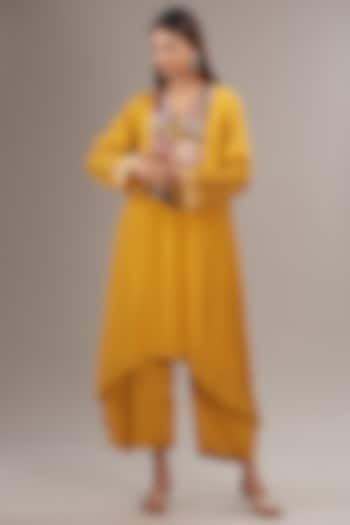 Yellow Crepe Chiffon Floral Embroidered Gathered Kurta Set by Half Full Curve at Pernia's Pop Up Shop