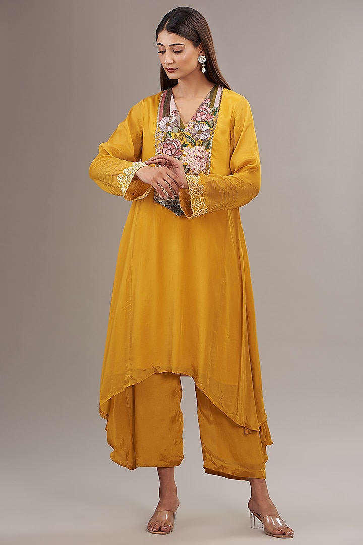 Yellow Crepe Chiffon Floral Embroidered Gathered Kurta Set by Half Full Curve at Pernia's Pop Up Shop