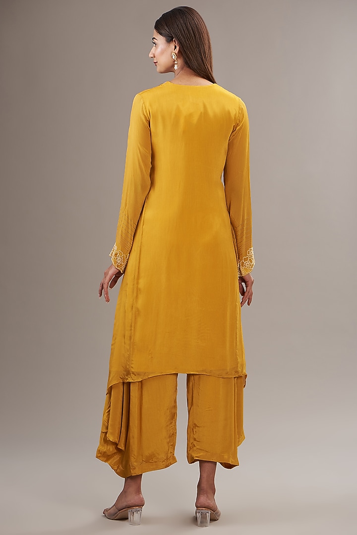 Yellow Crepe Chiffon Floral Embroidered Gathered Kurta Set by Half Full Curve at Pernia's Pop Up Shop