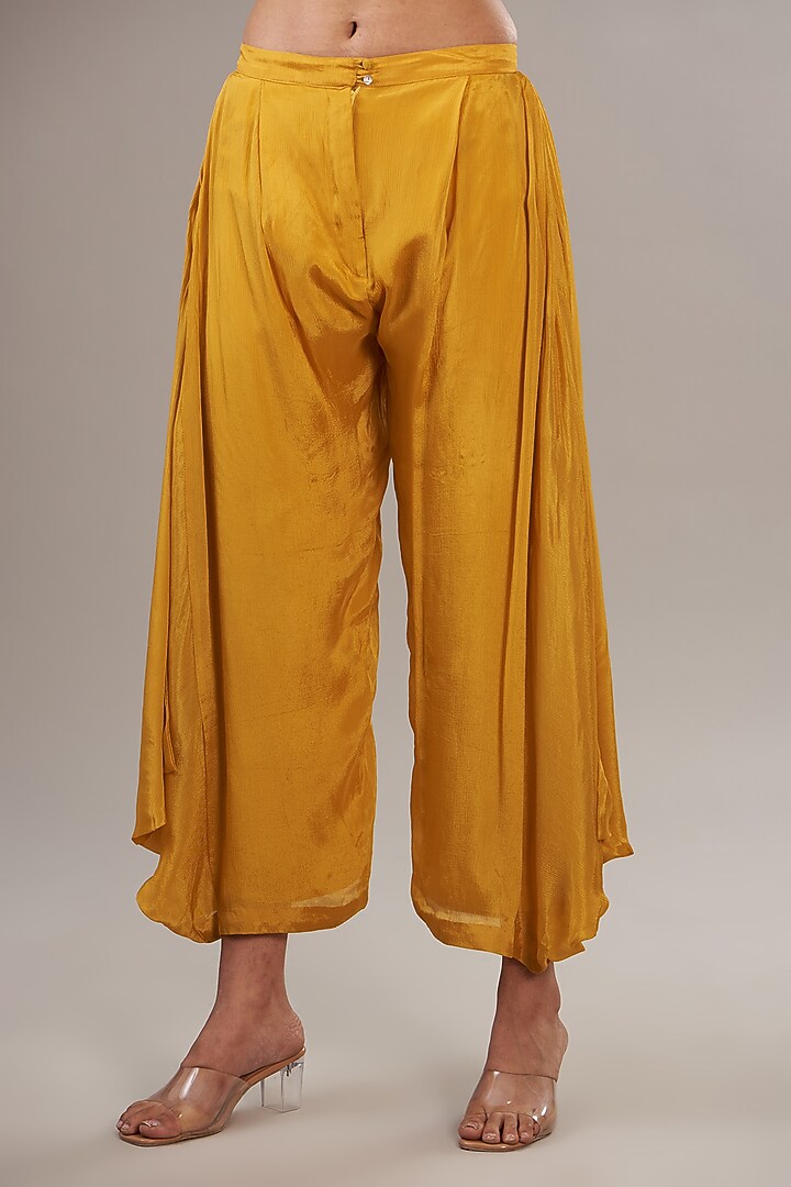 Yellow Crepe Chiffon Floral Embroidered Gathered Kurta Set by Half Full Curve at Pernia's Pop Up Shop