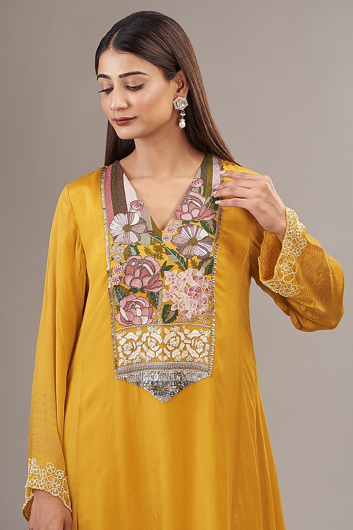 Yellow Crepe Chiffon Floral Embroidered Gathered Kurta Set by Half Full Curve at Pernia's Pop Up Shop