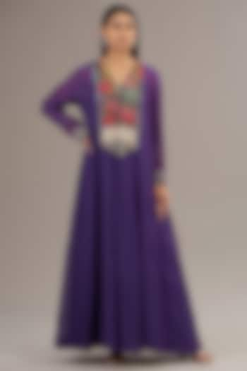 Purple Fine Chanderi Floral Embroidered Anarkali Dress by Half Full Curve at Pernia's Pop Up Shop