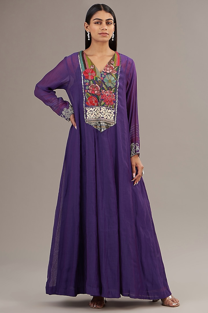 Purple Fine Chanderi Floral Embroidered Anarkali Dress by Half Full Curve at Pernia's Pop Up Shop