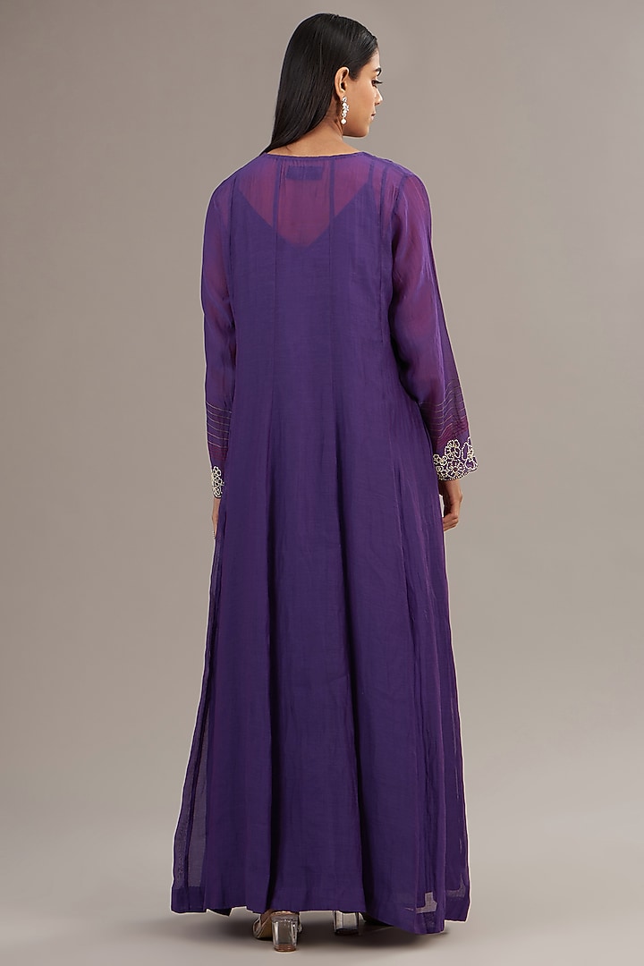 Purple Fine Chanderi Floral Embroidered Anarkali Vacation Dress by Half Full Curve at Pernia's Pop Up Shop