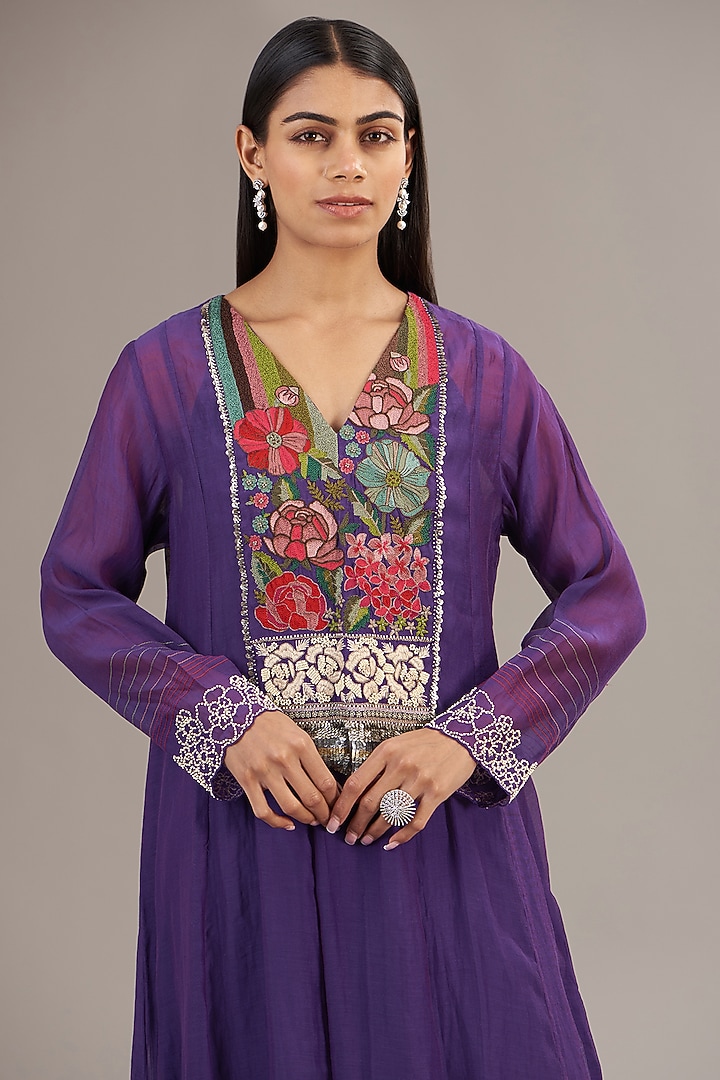 Purple Fine Chanderi Floral Embroidered Anarkali Vacation Dress by Half Full Curve at Pernia's Pop Up Shop