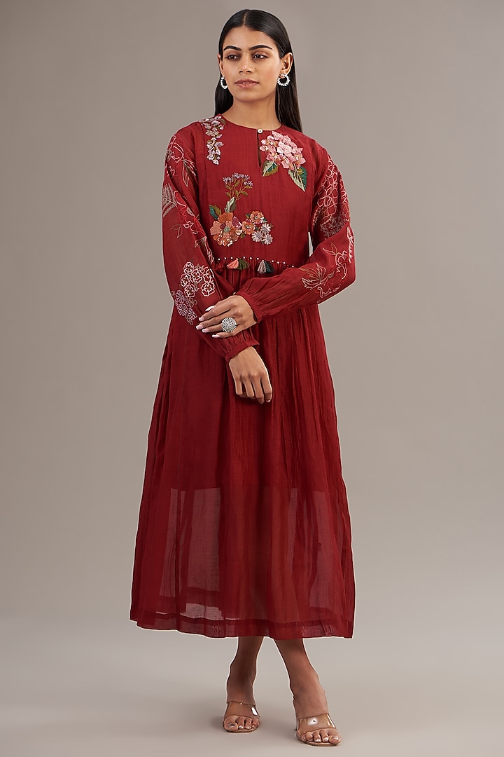 Red Fine Chanderi Floral Embroidered Gathered Midi Dress by Half Full Curve at Pernia's Pop Up Shop