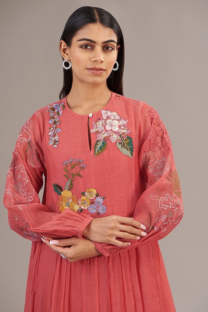 Peach Fine Chanderi Floral Embroidered Gathered Midi Vacation Dress by Half Full Curve at Pernia's Pop Up Shop
