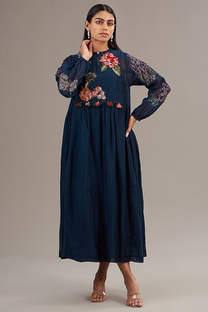 Navy Blue Fine Chanderi Floral Embroidered Gathered Midi Dress by Half Full Curve at Pernia's Pop Up Shop