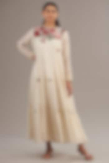 Ivory Fine Chanderi Floral Embroidered Tiered Maxi Dress by Half Full Curve at Pernia's Pop Up Shop