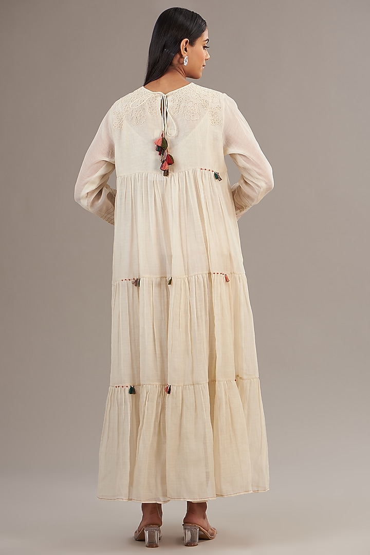 Ivory Fine Chanderi Floral Embroidered Tiered Maxi Vacation Dress by Half Full Curve at Pernia's Pop Up Shop