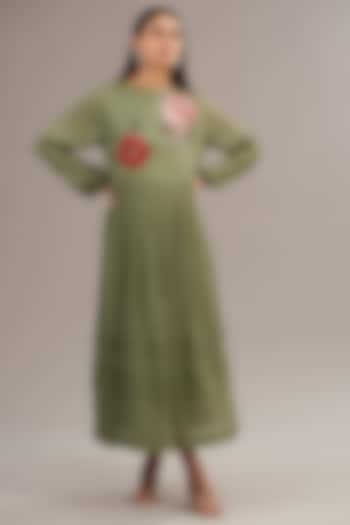 Green Crepe Chiffon Floral Embroidered Gathered Midi Dress by Half Full Curve at Pernia's Pop Up Shop