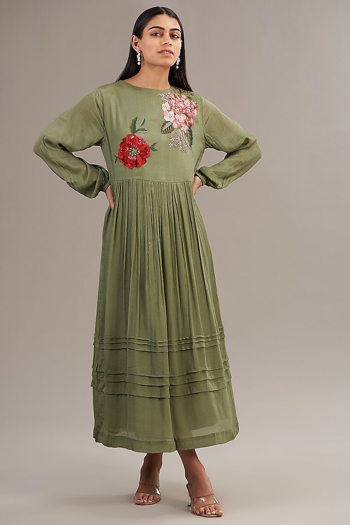 Green Crepe Chiffon Floral Embroidered Gathered Midi Dress by Half Full Curve at Pernia's Pop Up Shop