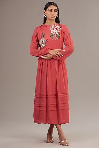 Peach Crepe Chiffon Floral Embroidered Gathered Midi Dress by Half Full Curve