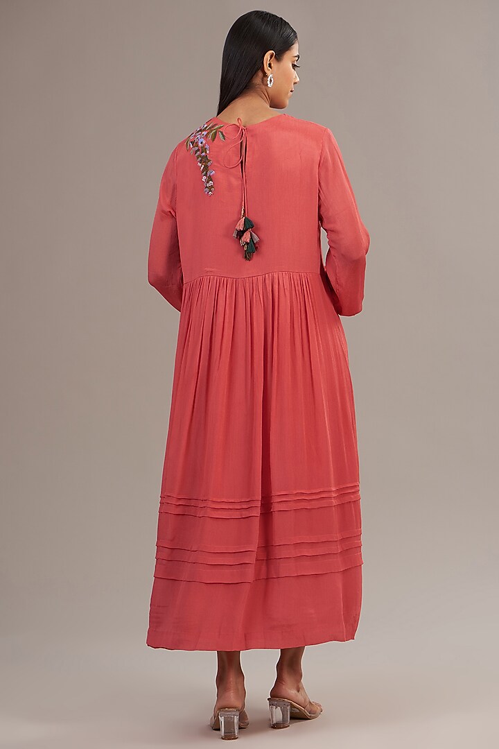 Peach Crepe Chiffon Floral Embroidered Gathered Midi Vacation Dress by Half Full Curve at Pernia's Pop Up Shop