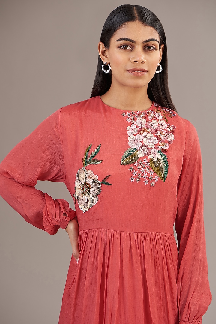 Peach Crepe Chiffon Floral Embroidered Gathered Midi Vacation Dress by Half Full Curve at Pernia's Pop Up Shop
