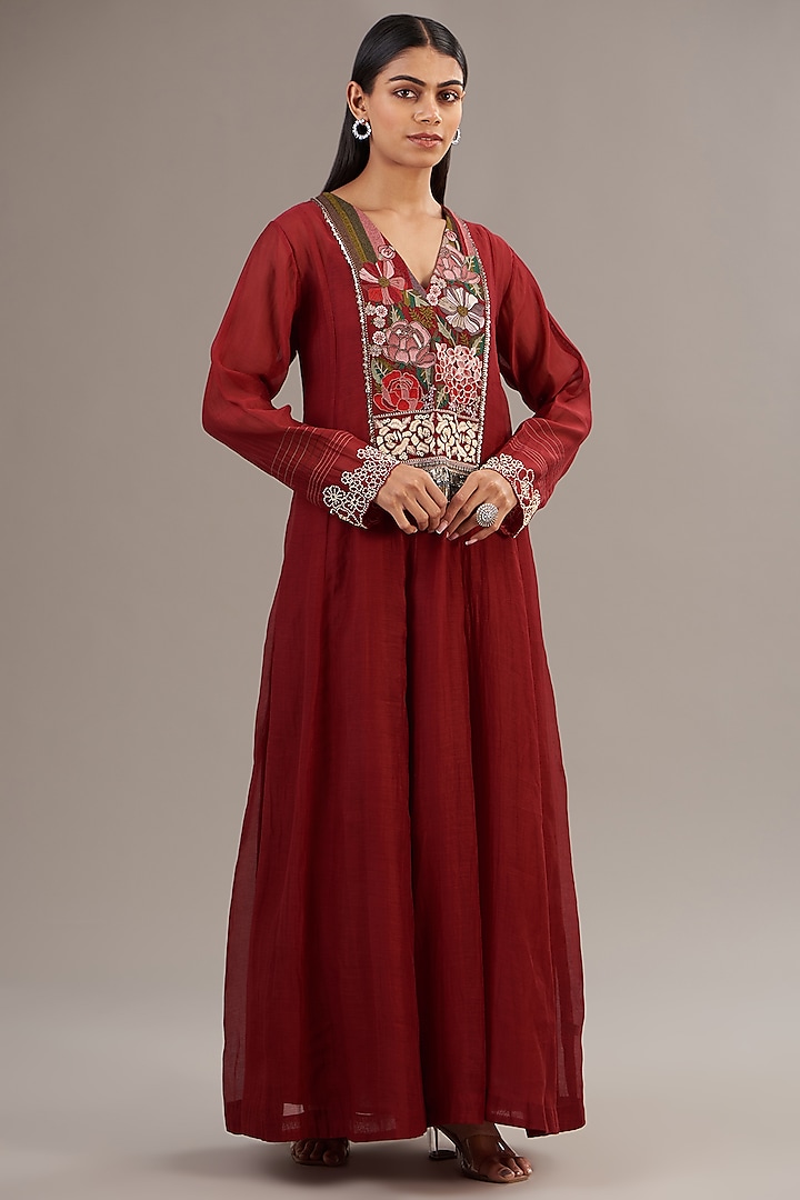 Red Fine Chanderi Floral Embroidered Anarkali Dress by Half Full Curve at Pernia's Pop Up Shop