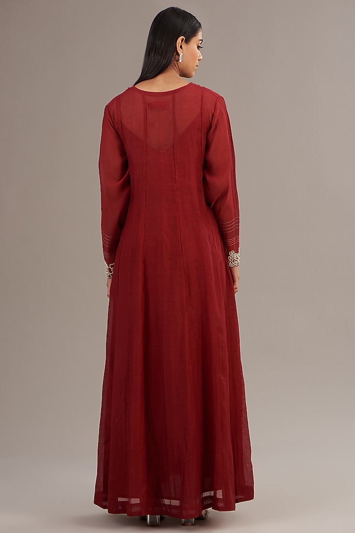 Red Fine Chanderi Floral Embroidered Anarkali Vacation Dress by Half Full Curve at Pernia's Pop Up Shop