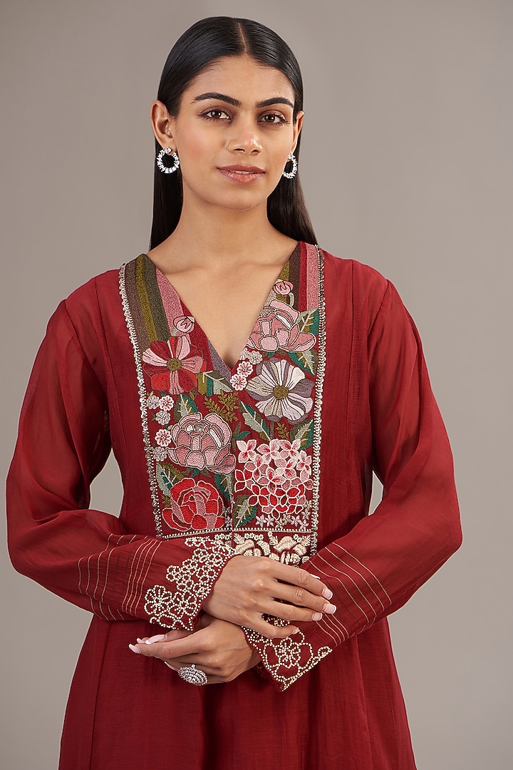 Red Fine Chanderi Floral Embroidered Anarkali Vacation Dress by Half Full Curve at Pernia's Pop Up Shop