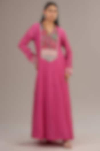 Pink Fine Chanderi Floral Embroidered Anarkali Dress by Half Full Curve at Pernia's Pop Up Shop