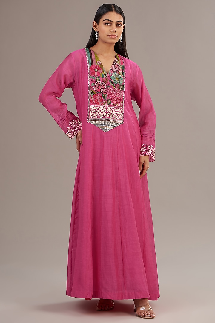 Pink Fine Chanderi Floral Embroidered Anarkali Dress by Half Full Curve at Pernia's Pop Up Shop