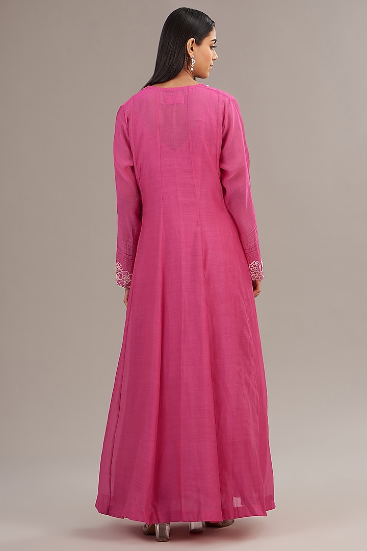 Pink Fine Chanderi Floral Embroidered Anarkali Vacation Dress by Half Full Curve at Pernia's Pop Up Shop
