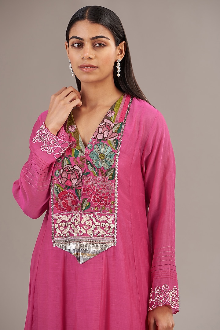 Pink Fine Chanderi Floral Embroidered Anarkali Vacation Dress by Half Full Curve at Pernia's Pop Up Shop