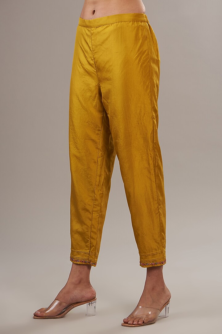 Yellow Pure Silk Floral Embroidered Kurta Set by Half Full Curve at Pernia's Pop Up Shop