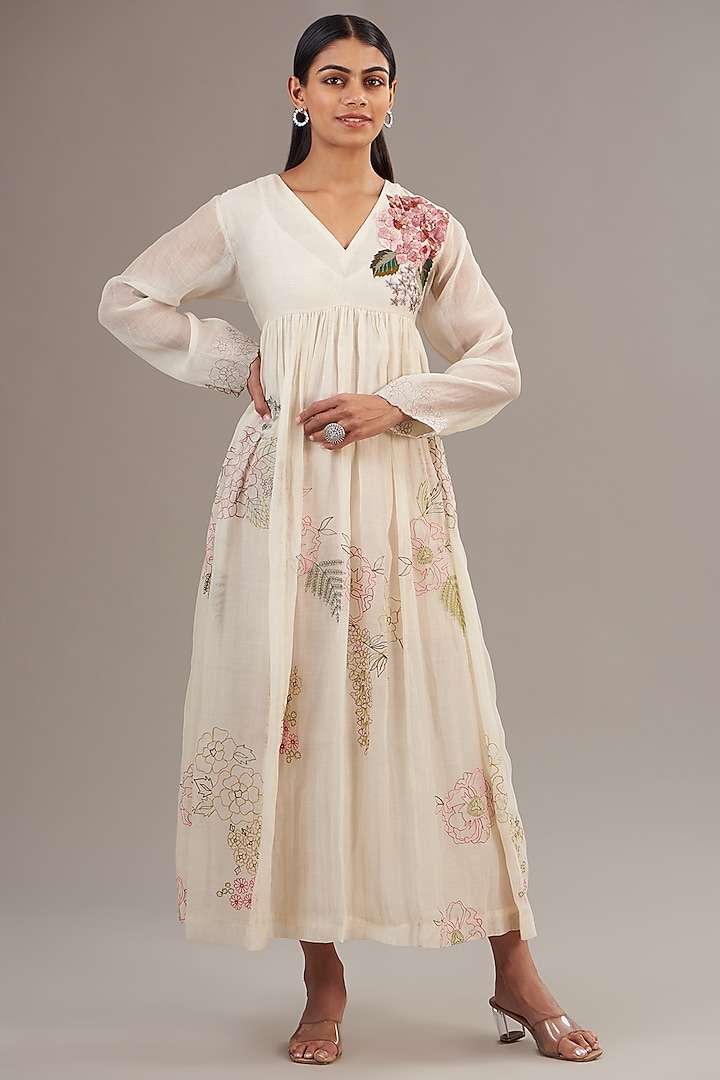 Ivory Fine Chanderi Floral Embroidered Flared Maxi Dress by Half Full Curve at Pernia's Pop Up Shop