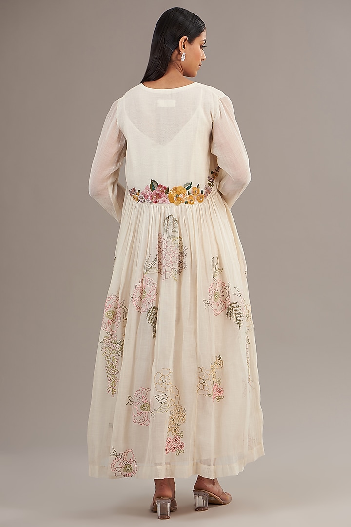 Ivory Fine Chanderi Floral Embroidered Flared Maxi Vacation Dress by Half Full Curve at Pernia's Pop Up Shop