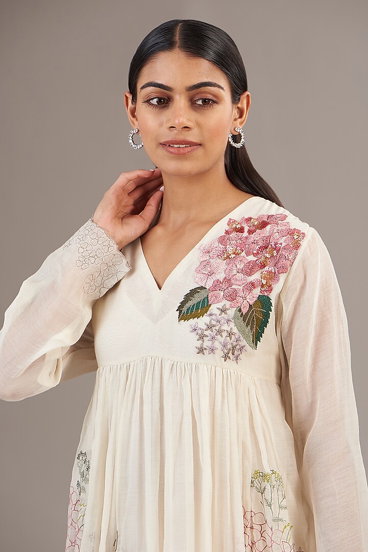 Ivory Fine Chanderi Floral Embroidered Flared Maxi Vacation Dress by Half Full Curve at Pernia's Pop Up Shop