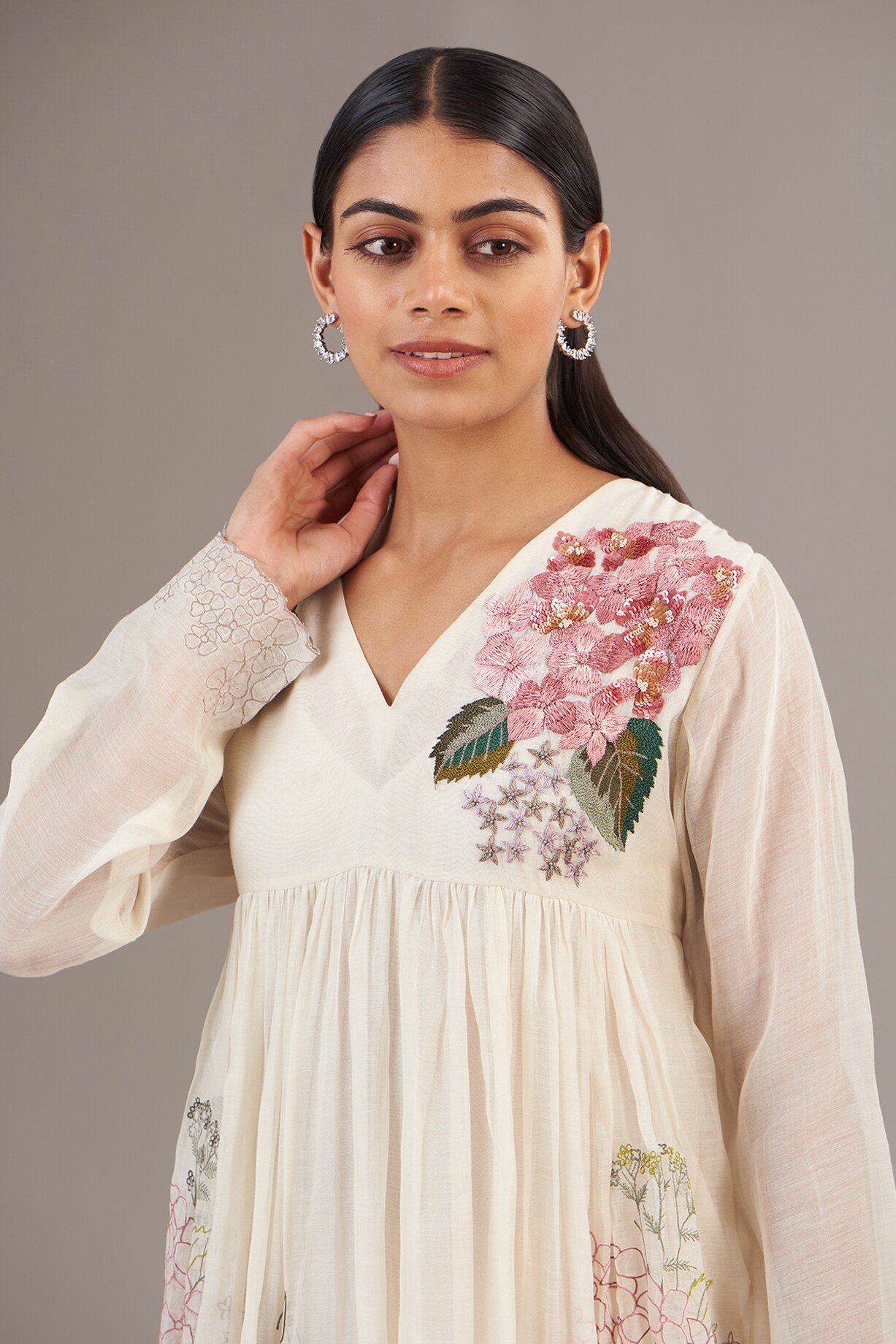 Ivory Fine Chanderi Floral Embroidered Flared Maxi Dress by Half Full Curve  at Pernia's Pop Up Shop 2026