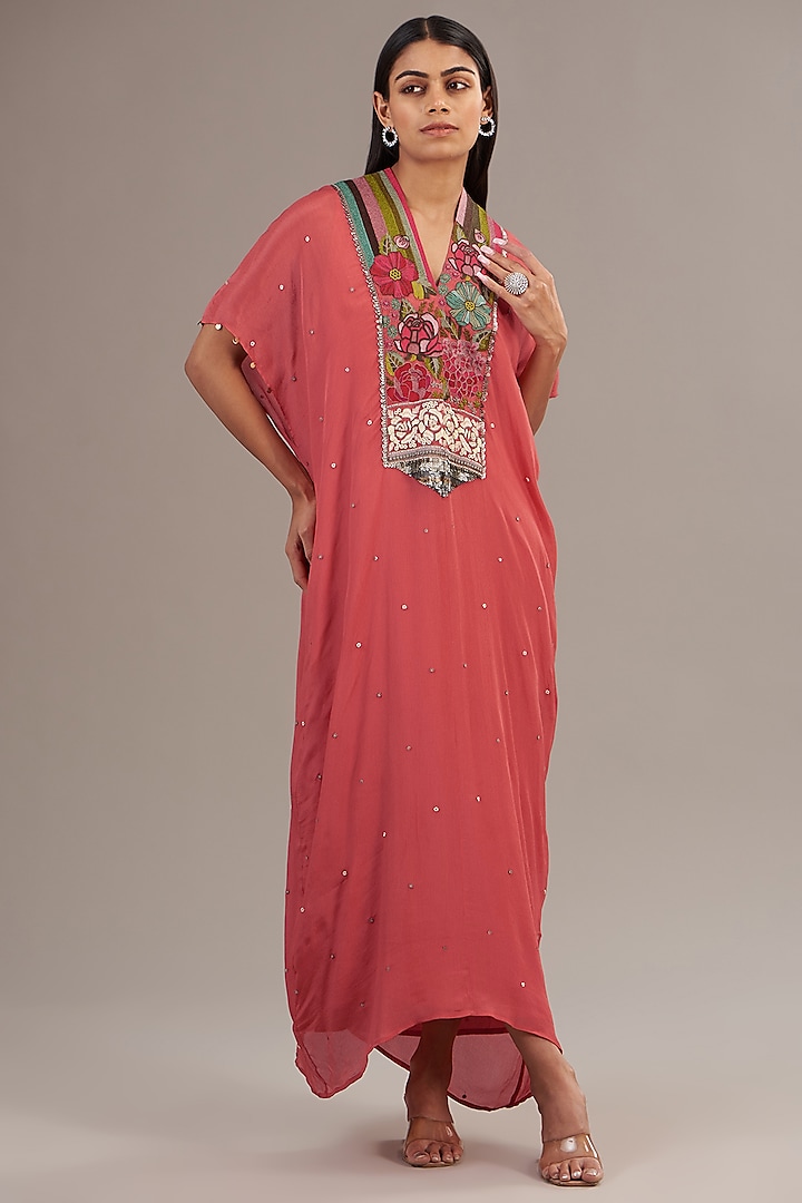 Peach Crepe Chiffon Floral Embroidered Kaftan by Half Full Curve at Pernia's Pop Up Shop