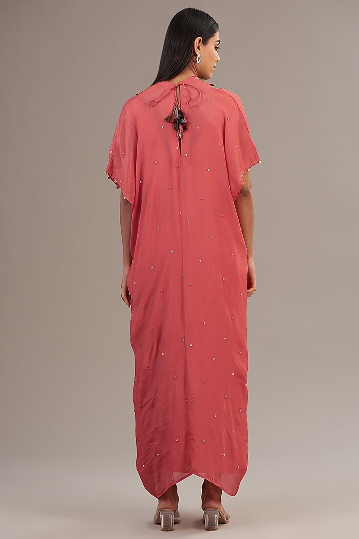 Peach Crepe Chiffon Floral Embroidered Kaftan by Half Full Curve at Pernia's Pop Up Shop