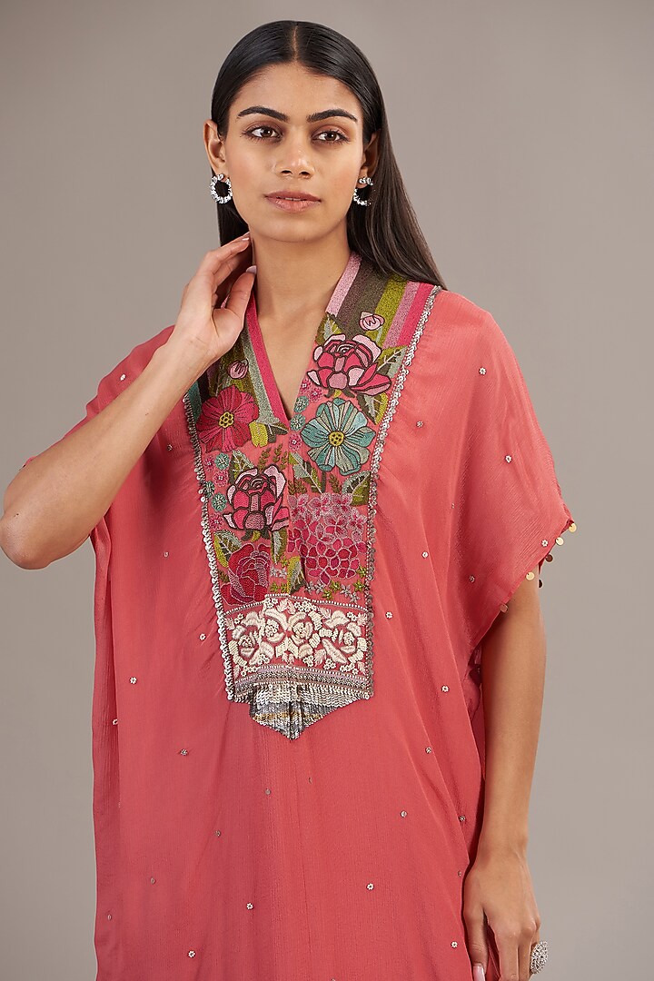 Peach Crepe Chiffon Floral Embroidered Kaftan by Half Full Curve at Pernia's Pop Up Shop