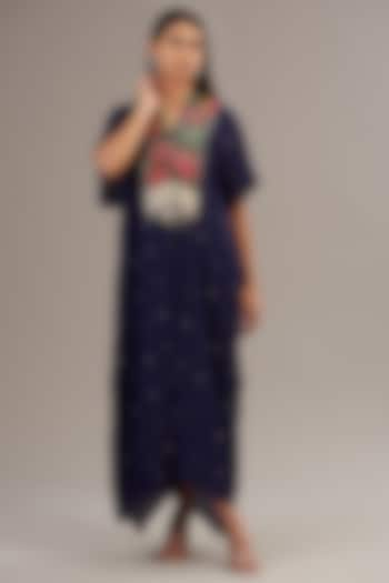 Navy Blue Crepe Chiffon Floral Embroidered Kaftan by Half Full Curve at Pernia's Pop Up Shop