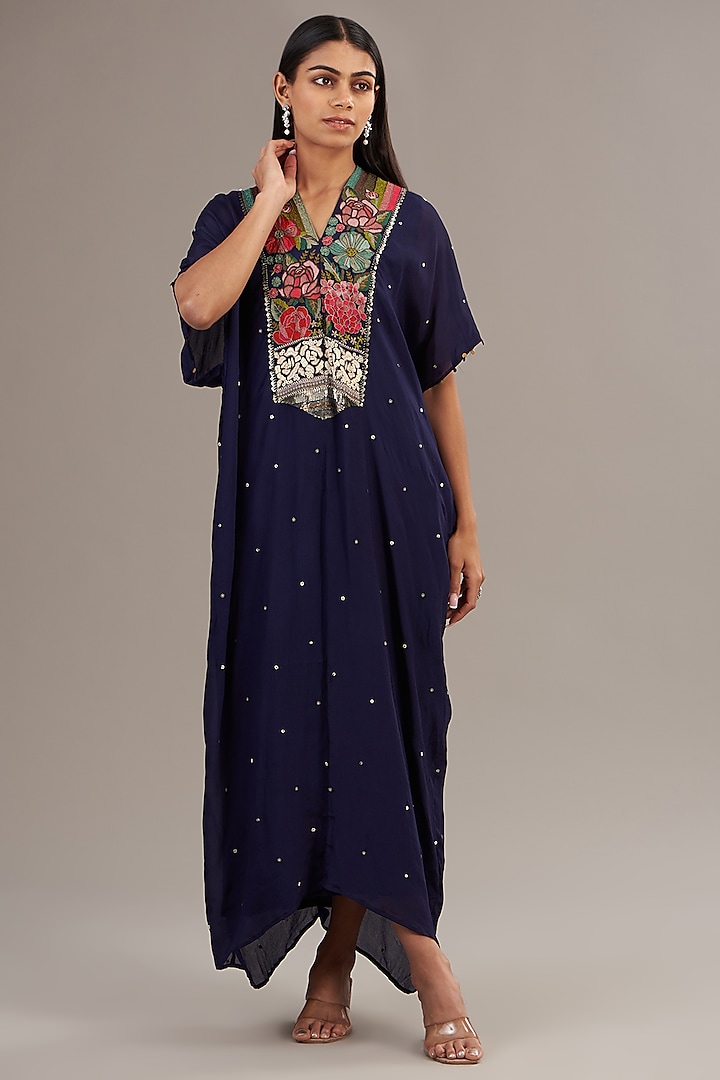 Navy Blue Crepe Chiffon Floral Embroidered Kaftan by Half Full Curve at Pernia's Pop Up Shop