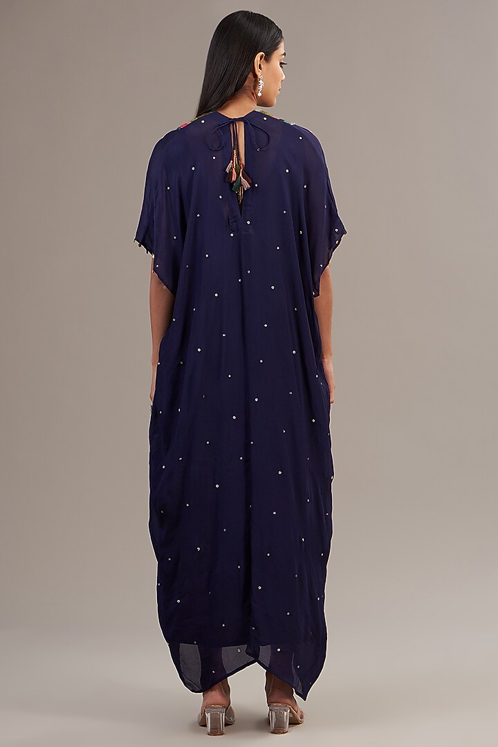 Navy Blue Crepe Chiffon Floral Embroidered Kaftan by Half Full Curve at Pernia's Pop Up Shop