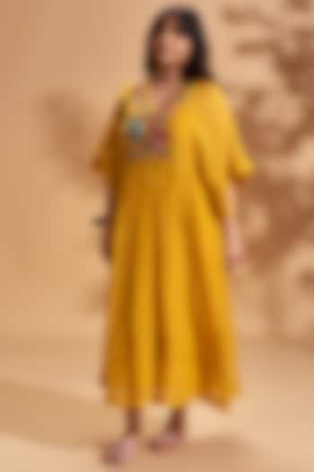 Mustard Embroidered Maxi Dress by Half Full Curve