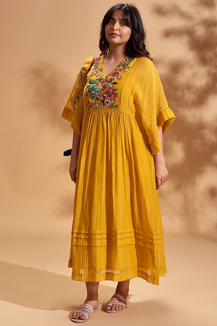 Mustard Embroidered Maxi Dress by Half Full Curve