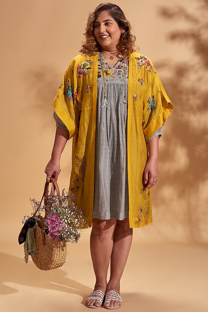 Mustard Embroidered Jacket by Half Full Curve