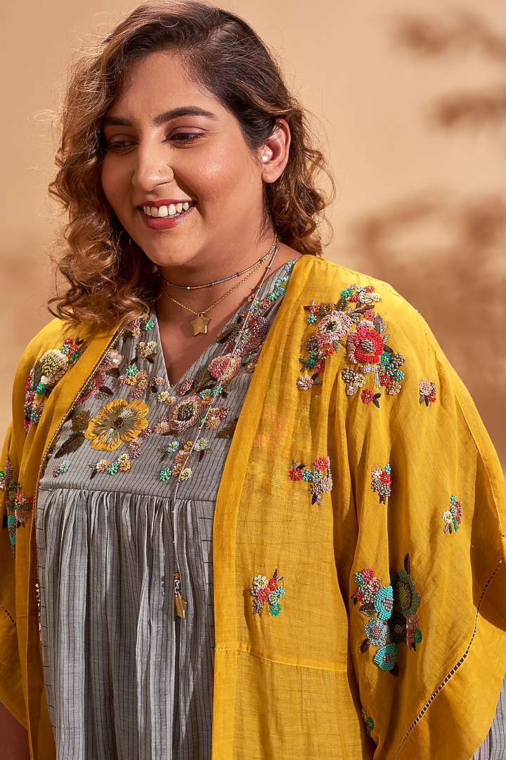 Mustard Embroidered Jacket by Half Full Curve at Pernia's Pop Up Shop