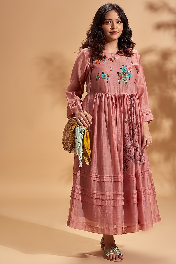Blush Pink Embroidered Midi Dress by Half Full Curve