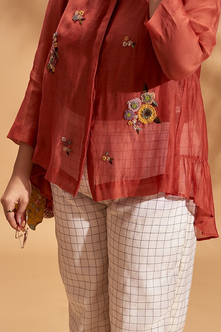 Rust Orange Floral Embroidered Shirt by Half Full Curve at Pernia's Pop Up Shop