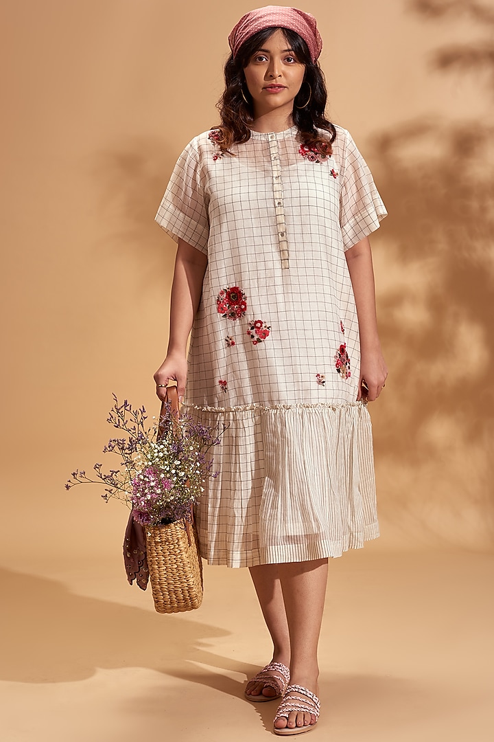 Off White Embroidered Midi Dress by Half Full Curve