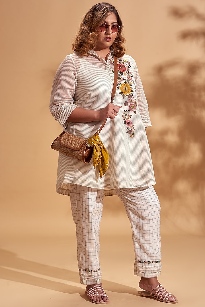 Off White Sequins Embroidered Kurta Set by Half Full Curve