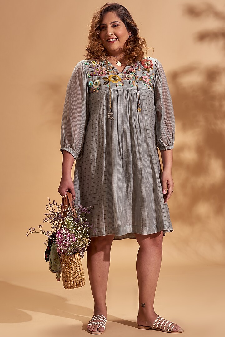 Grey Embroidered Mini Dress by Half Full Curve