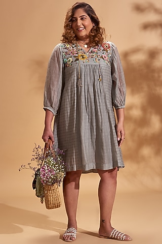 Grey Embroidered Mini Dress by Half Full Curve