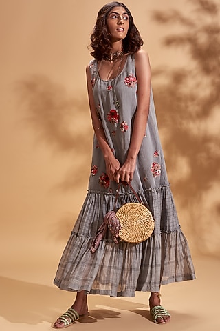 Grey Embroidered Midi Dress by Half Full Curve