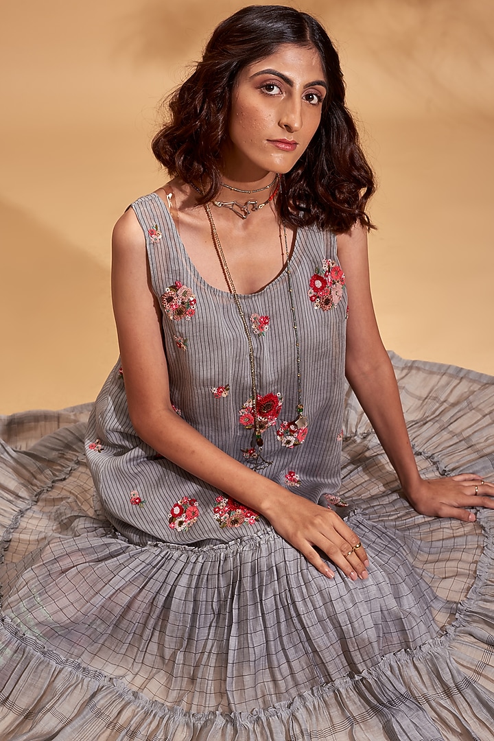 Grey Embroidered Midi Vacation Dress by Half Full Curve at Pernia's Pop Up Shop